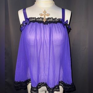 Y2k vintage Purple and Black Lace/sheer babydoll lingerie top with bow/ruffles